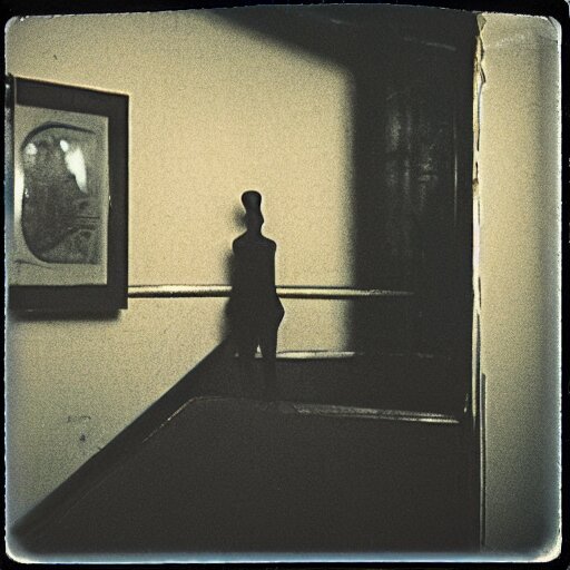 a mannequin at the top of a dark stairwell, abandoned, creepy, eerie, scary, old polaroid, expired film, out or focus, 