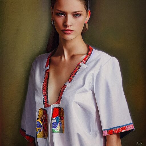 hyperrealism oil painting of ukrainian model in vyshyvanka shirt 