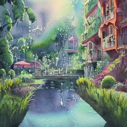 Beautiful happy picturesque charming sci-fi town in harmony with nature. Beautiful light. Water and plants. Nice colour scheme, soft warm colour. Beautiful detailed artistic watercolor by Lurid. (2022)