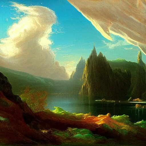 futuristic landscape in the style of thomas cole, landscape painting, romanticism, hudson river school, realism 