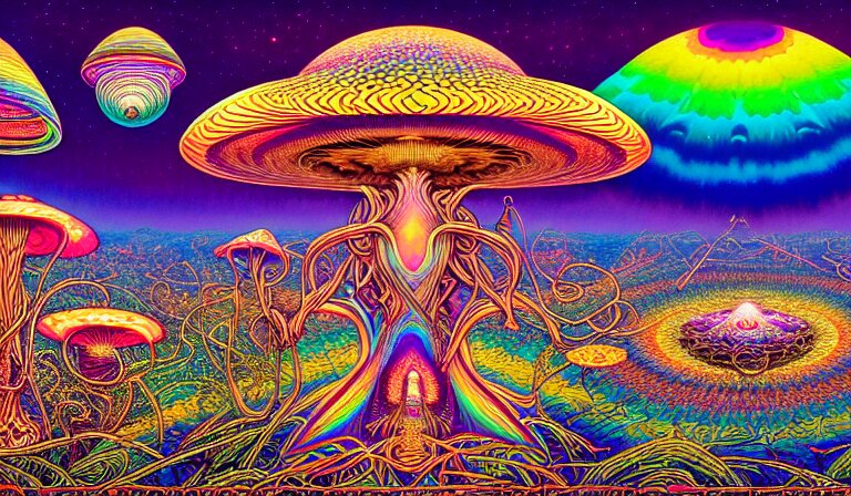 an expansive rendering of beautiful and complex interwoven spiritual connection between all beings by dan mumford, by jim fitzpatrick, by joe wilson, by jim burns, by victo ngai, by jacek yerka, surrounded with colorful magic mushrooms and rainbowcolored marihuana leaves, insanely integrate, featured on deviant art, trending on artstation 