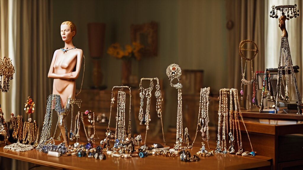 a woman made of jewelry stands in the living room, film still from the movie directed by Denis Villeneuve with art direction by Salvador Dalí, wide lens, 4K, realistic