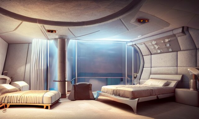 a futuristic bedroom deep under the sea, photorealistic magazine picture, studio lighting, cozy, extremely detailed and realistic 