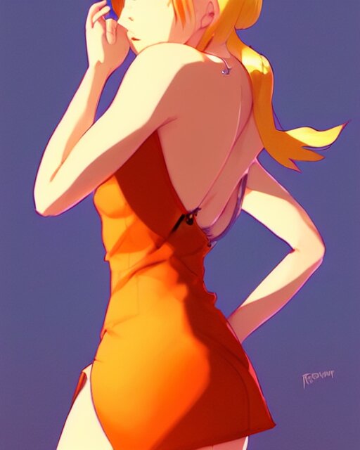 blond woman in an orange ripped mini dress, by artgerm, by studio muti, greg rutkowski makoto shinkai takashi takeuchi studio ghibli 