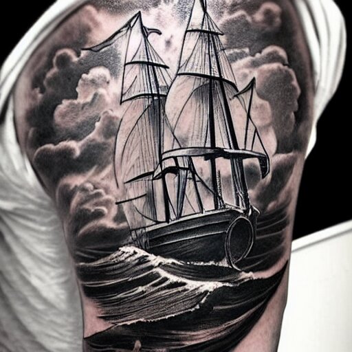 a pirate ship sailing in the sea, realism tattoo design with amazing shades, clean white paper background, in the style of david vega