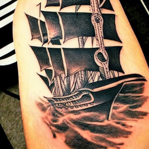 A pirate ship tattoo design in the style of Dmitriy Samohin, hyper realistic tattoo