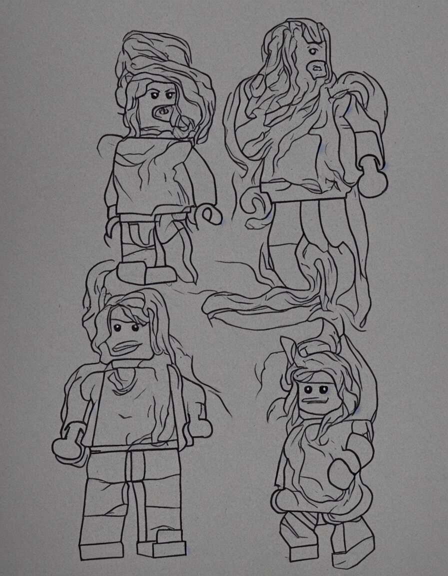 lego character drawn in the style of davinci plans