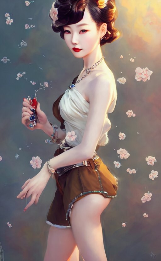 a pin up and beautiful fashion charming dreamlke korea girl with lv jewelry, character art, art by artgerm lau and kyoung hwan kim and and ilya kuvshinov and john singer sargent, hyperdetailed, 8 k realistic, symmetrical, frostbite 3 engine, cryengine, dof, trending on artstation, digital art 