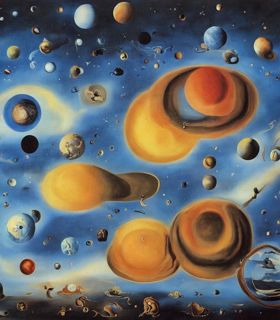 a beautiful surrealistic painting of planets and stars in the universe by salvador dali, trending on artstation., oil painting 