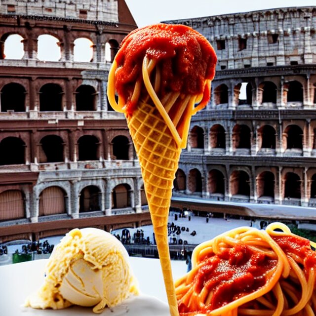 spaghetti with sauce on an ice cream cone with the colosseum in the background, realistic render, award - winning, artstation, blender, food photography 