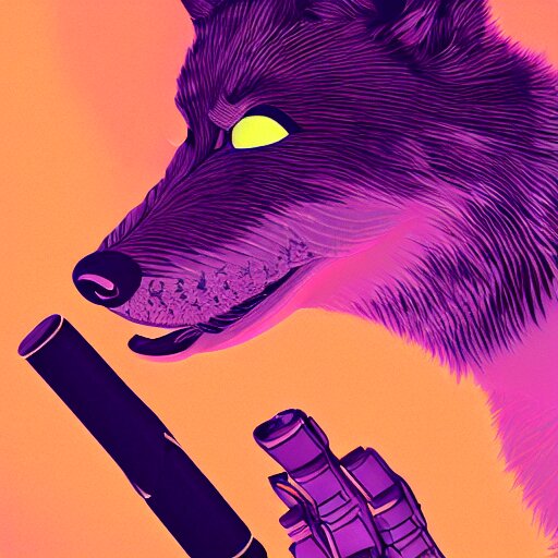 a a robotic wolf smoking a cigarette vibrant lighting, elegant, highly detailed, smooth, sharp focus, illustration, beautiful, geometric, trending on artstation, full body, cinematic, artwork by borovikovsky 