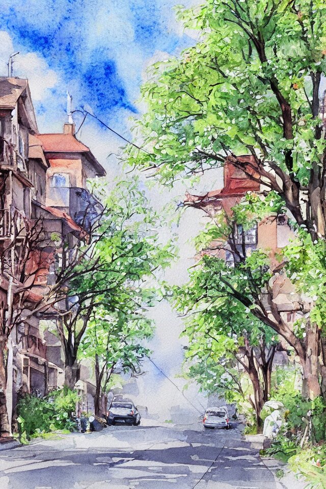 street lined with old residential houses summer watercolor by arti chauhan trending on artstation 