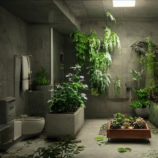 a bathroom with a lot of plants inside of it, cyberpunk art by Gregory Crewdson, unsplash, ecological art, reimagined by industrial light and magic, rendered in unreal engine, diorama