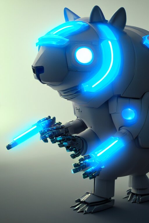 high quality 3 d render sci - fi very cute mecha & fluffy! wombat!! hybrid! fighting, highly detailed, unreal engine cinematic smooth, in the style of blade runner & detective pikachu, hannah yata charlie immer, dark blue neon light, low angle, uhd 8 k, sharp focus 