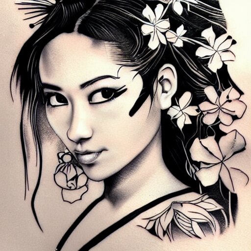 tattoo design, stencil, beach photography, tattoo stencil, traditional, beautiful portrait of a traditional Hawaiian girl with flowers in her hair, upper body, by artgerm, artgerm, artgerm, digital art, cat girl, anime eyes, anime, sexy, super model-s 100