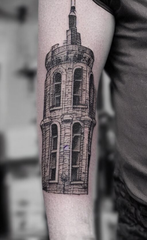 a tattoo of an old man wearing a hat on top of a tower, ultra detailed, tattoo, 8 k 