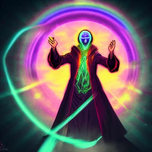 a warlock is casting a magic spell, while magic orb is floating in his hand, the magic orb emit a rainbow vapour, dynamic pose, chromatic aberration , medium level shot, Mucha style , Grim fantasy, illustration ,concept art,