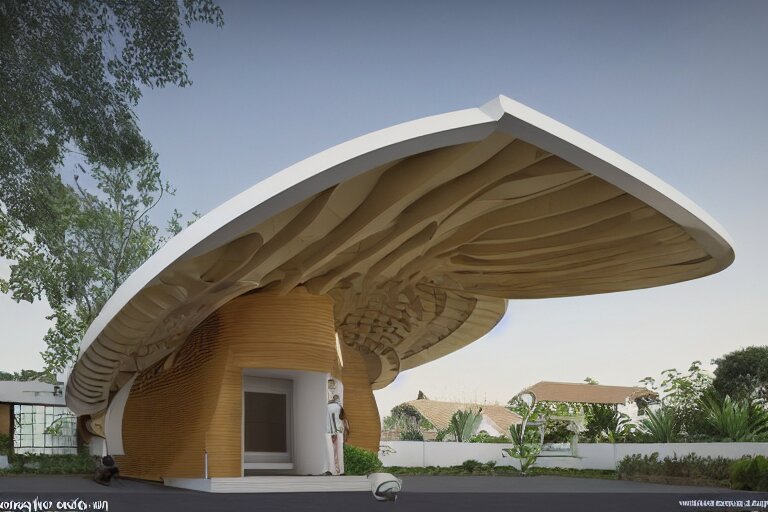 a futuristic assam type house designed by calatrava, bamboo design, realist, render, 8 k 