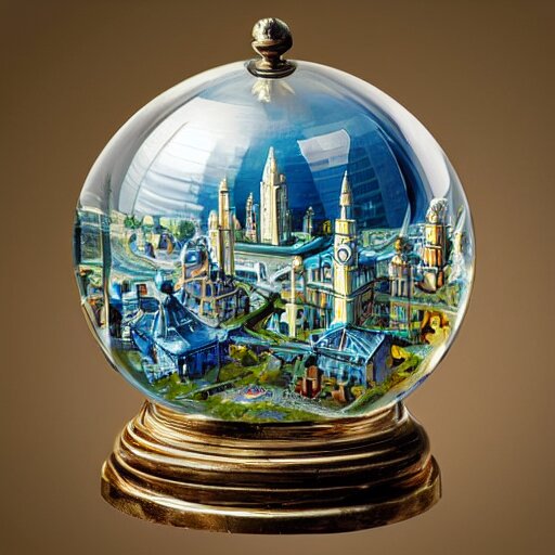 still life painting of a miniature tabletop art deco city under a glass dome, by paulette tavormina and clara peeters and vermeer, cool color - scheme with blues and greens, hyper realistic, detailed, beautiful lighting 