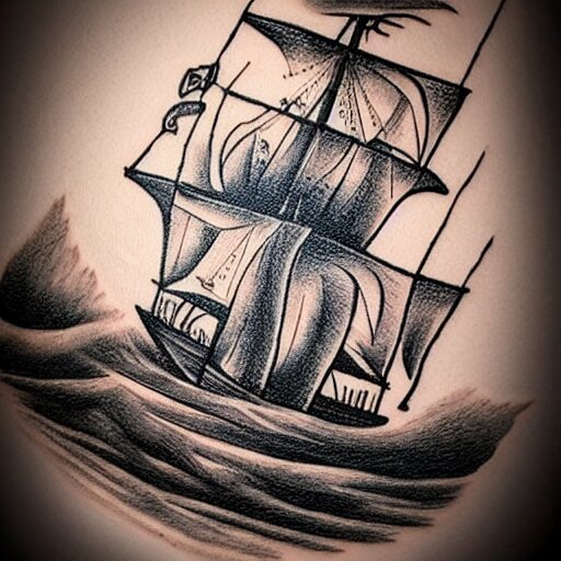 a pirate ship sailing in the sea, realism tattoo design with amazing shades, clean white paper background, in the style of david vega