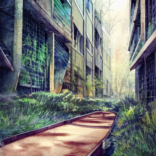 Wooden footpath next to narrow canal between buildings in beautiful overgrown futuristic sci-fi city in harmony with nature. Nice colour scheme, soft warm colour. Beautiful detailed watercolor by Lurid. (2022)