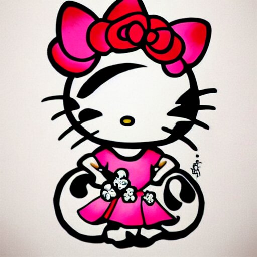 beautiful gorgeous tattoo art of hello kitty, extremely intricate, professional art, striking pose, amazing 