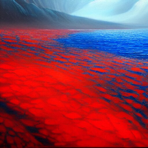 A gorgeous detailed oil painting of a red sea covered in big blue rocks, the further away the mistier it gets, dark aesthetic, atmospheric, moody, highly detailed, masterpiece, award winning, 4k