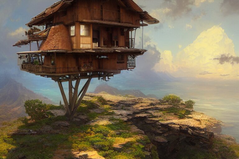 lovely a - frame home sits atop a broad cliff, overlooking the entirety of the blue sky, digital painting by greg rutkowski and gaston bussiere, zbrush, cgsociety contest winner, comprehensive art, intricate, landscape photography, brightly radiant atmosphere, overcast sky, homogeneous to hawaii, 4 k, 8 k 