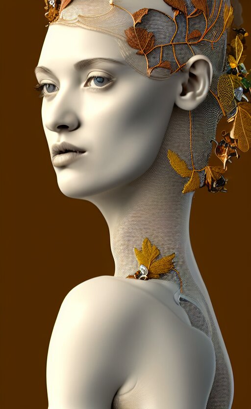 complex 3 d render hyper detailed ultra sharp of a beautiful porcelain profile woman face, mechanical cyborg, 1 5 0 mm, beautiful abundant natural soft light, rim light, studio light, big autumn leaves and stems, sinuous roots, fine foliage lace, silver gold filigree details, alexander mcqueen high fashion haute couture, pearl earring, art nouveau fashion embroidered, steampunk, mesh wire, hyperrealistic, mandelbrot fractal, anatomical, red lips, white metal armor, facial muscles, cable wires, microchip, elegant, octane render, h. r. giger style, 8 k 