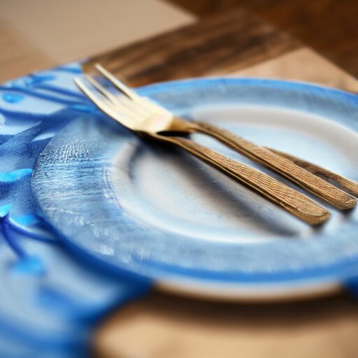 a hyperdetailed blue fork, 3 d render, ultra high detail, octane render, rtx, hdr, the fork is on a plate, the plate is on a wooden table. 