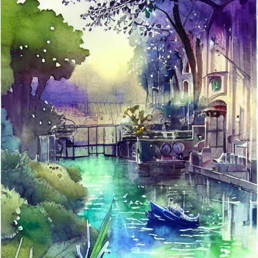 Beautiful happy picturesque charming sci-fi town in harmony with nature. Beautiful light. Water and plants. Nice colour scheme, soft warm colour. Beautiful artistic watercolor by Lurid. (2022)