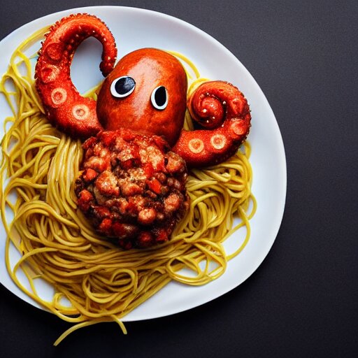 octopus with spaghetti as its tentacles, and a meatball as its body