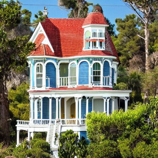 a victorian style 2 story house on top of a hill surrounded by an ocean full of sharks 