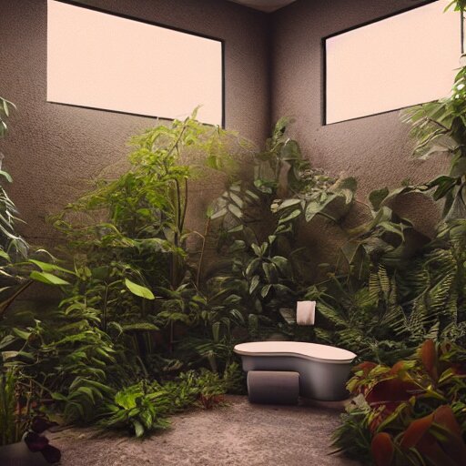 a bathroom with a lot of plants inside of it, cyberpunk art by Gregory Crewdson, unsplash, ecological art, reimagined by industrial light and magic, rendered in unreal engine, diorama