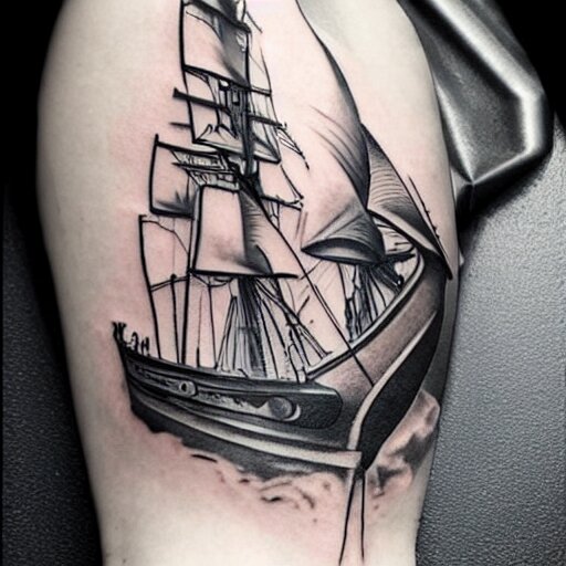 realism tattoo design of a pirate ship, by Matteo Pasqualin tattoo artist, on white paper