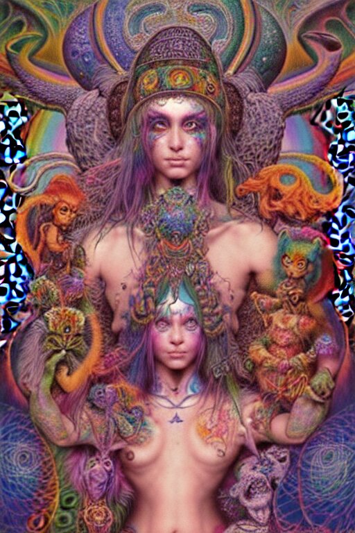 psychedelic shaman, lisa frank, wearing celtic tattoos, inside an epic, ancient temple, ayami kojima, greg hildebrandt, mark ryden, hauntingly surreal, eerie vibrating color palette of charlie immer, highly detailed painting by, jenny saville, soft light 4 k 