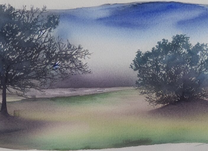 A detailed watercolor painting of misty morning landscape, detailed, ballpoint pen ink combined with watercolor