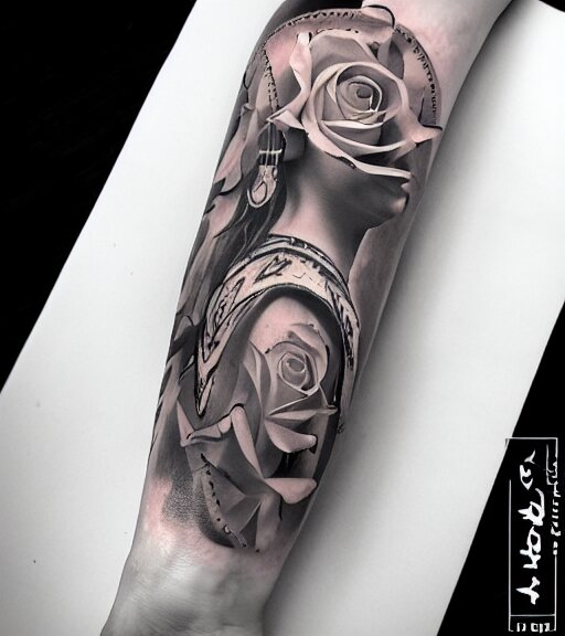 tattoo design on white background of a beautiful girl warrior, roses, hyper realistic, realism tattoo, by eliot kohek 