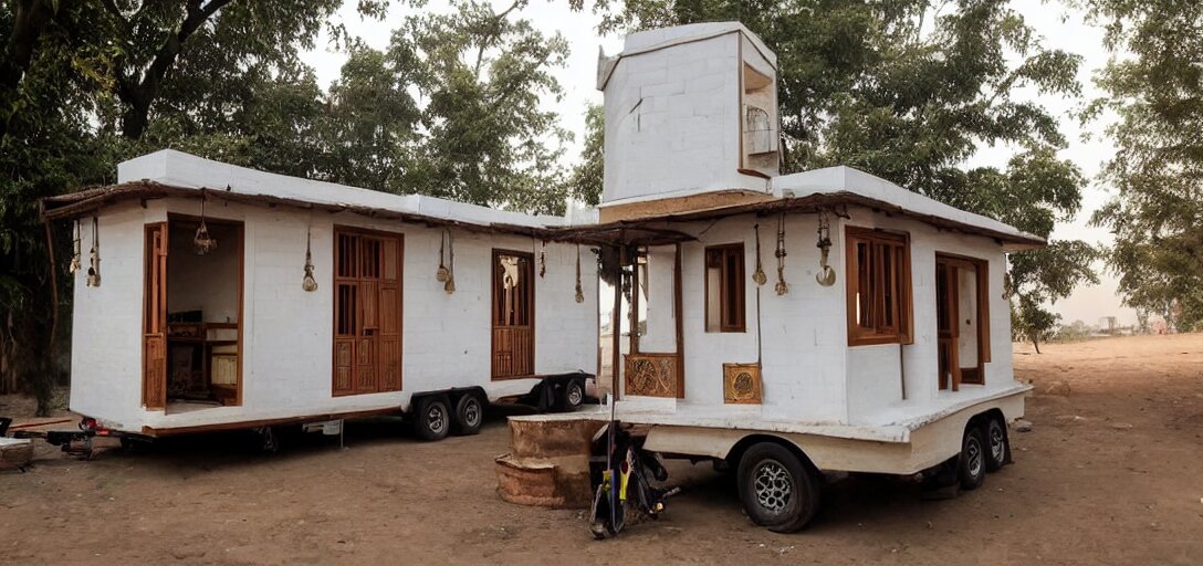 mughal - style white ivory tiny home on trailer with minarets in cyberpunk india 