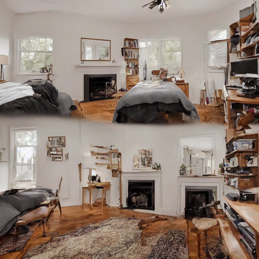 simple bedroom, fireplace in corner, timber desk with a pc atop of it to the right of the fireplace, queen size bed to the left of the fireplace. to the right of the desk, there is a shoe rack with shoes on it, photo, realistic, real estate 