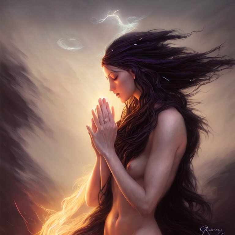 the seductive sorceress is praying!!! magic the gathering, windy hair!, gentle fantasy, cinematic volumetric light, portrait, dnd, complex, elegant, highly detailed, digital painting, artstation, concept art, smooth, clear focus, illustrations, hyperrealistic face, beautiful eyes, fantasy art, in the style of greg rutkowski, intricate, hyperdetalized, smooth 