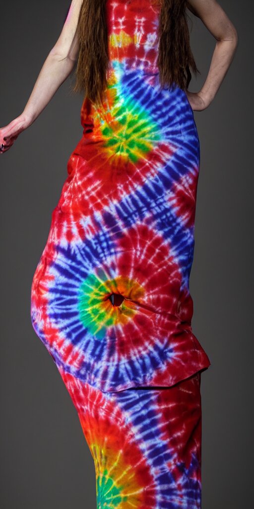 a beautiful woman model dressed in a tie - dye dress, studio photo, hyperrealistic 