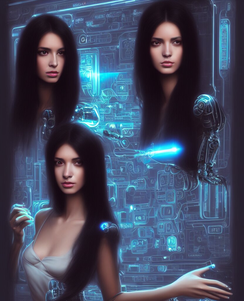 beauty young spanish woman with long black hair robotic hands, interacting with a holographic interface of alien artifacts, electrical case display, Terminator tech, ultrarealistic, dramatic lighting, electrical details, high details, 4k, 8k, best, accurate, trending on artstation, artstation, photorealism, ultrarealistic, digital painting, style of Peter Mohrbacher, Caravaggio, Hajime Sorayama and Boris Vallejo