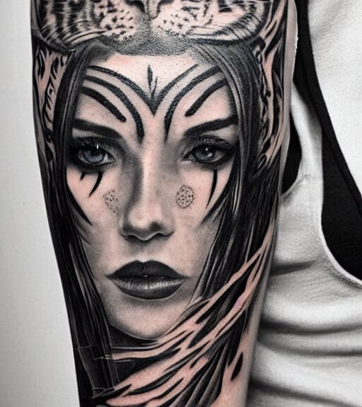 tattoo design of a beautiful girl warrior under a tiger head, hyper realistic, realism tattoo, by eliot kohek, beautiful eyes, realistic face, black and white, white background 