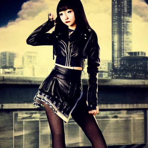 a dynamic, epic cinematic 8K HD movie shot of a japanese beautiful cute young J-Pop idol actress yakuza rock star girl wearing leather jacket, miniskirt, nylon tights, high heels boots, gloves and jewelry. Motion, VFX, Inspirational arthouse