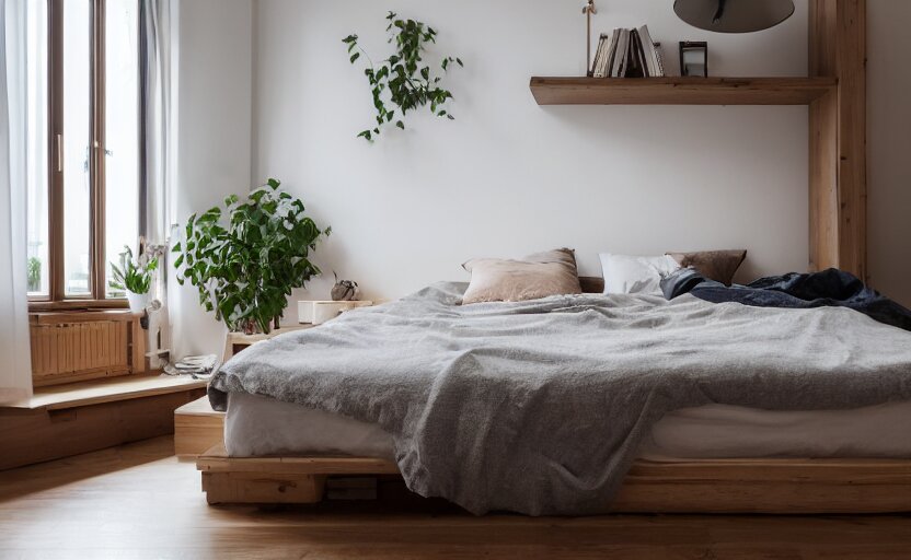 interior of a compact bedroom in an apartment building, bed, bronze wall, cupboards, czech design, swedish design, natural materials, minimalism, pine wood, earth colors, feng shui, rustic, white, beige, bright, plants, windows with a view of a green park, modernist, 8 k 