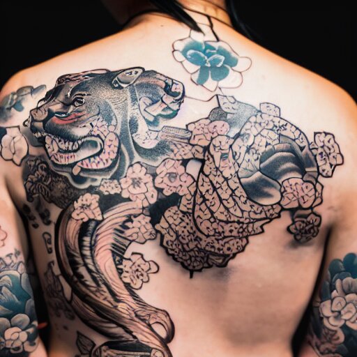 photography of the back of a woman with an detailed irezumi tatto representing a tiger with flowers, mid-shot, editorial photography