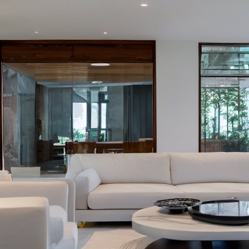 A modern style living room with floor to ceiling glass windows on the left and wooden stairs going upstairs on the right, two white sofas with a white marble table in the center, stairs to the second floor, 8k resolution, professional interior design photograph, wide angle photograph