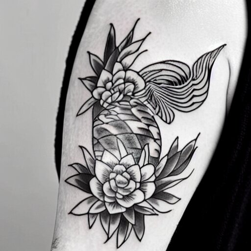 black and white tattoo of koi fish with camelia flowers, on white background, japanese traditional style, stylized, 