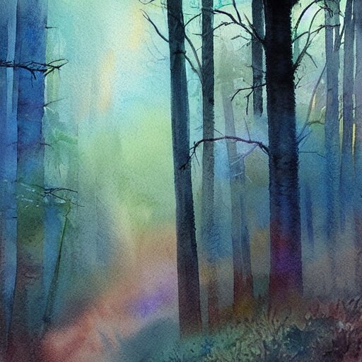 a beautiful watercolor painting of a misty hollow with a winding path through an appalachian pine forest at dawn, godrays, mystical, deep shadows, epic scale 